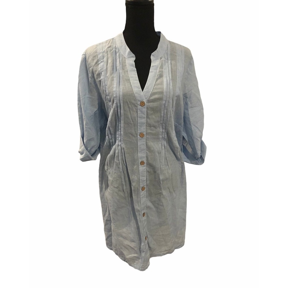 Club Z Blue Pinstripe Pintuck Button Front Tunic Dress with Roll Tab Sleeves